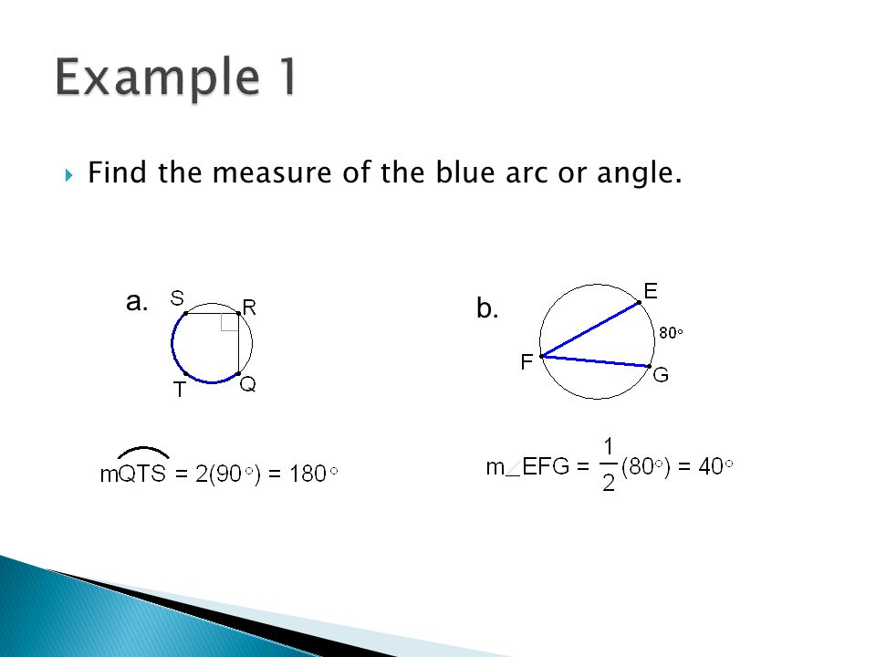 Example 1 Find the measure of the blue arc or angle. a. b.