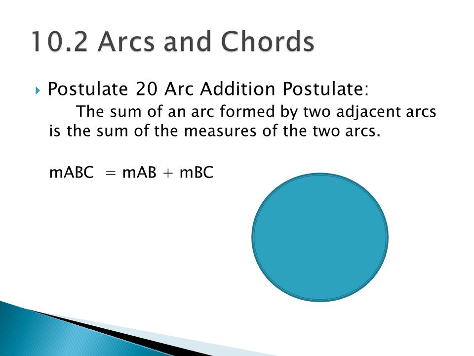 10.2 Arcs and Chords Postulate 20 Arc Addition Postulate: