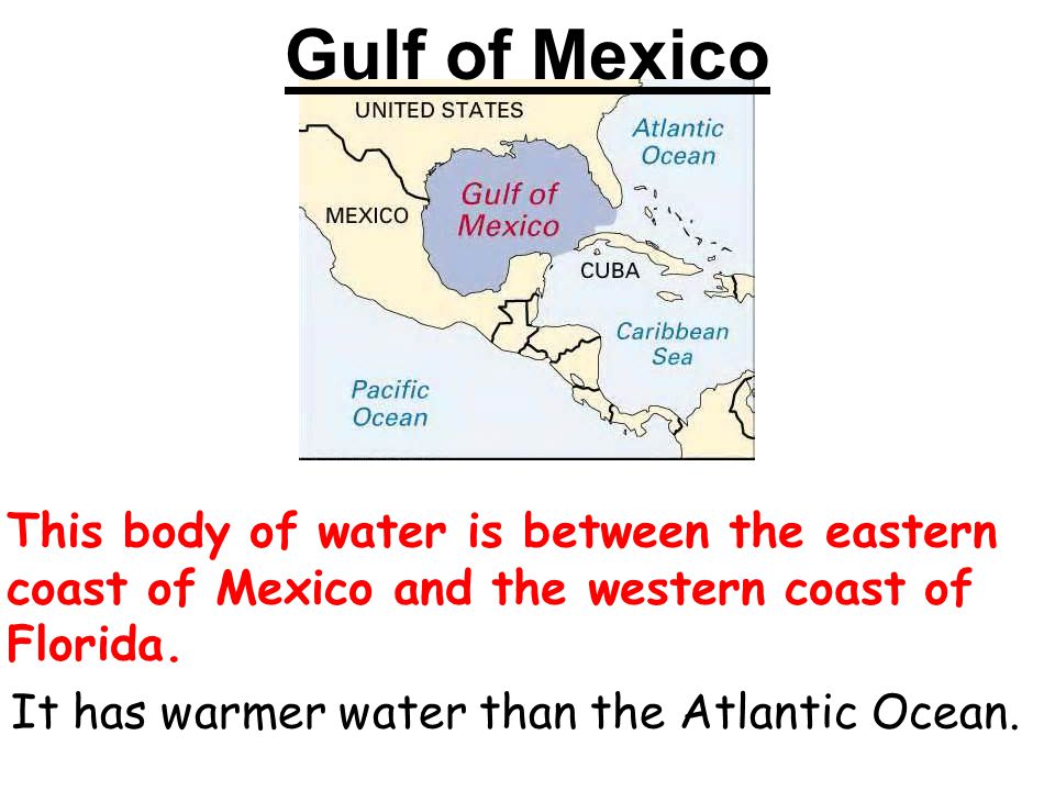 Gulf of Mexico This body of water is between the eastern coast of Mexico and the western coast of Florida.