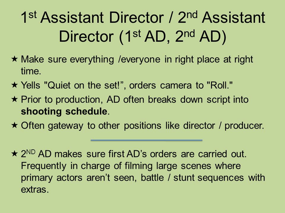 1st Assistant Director / 2nd Assistant Director (1st AD, 2nd AD)
