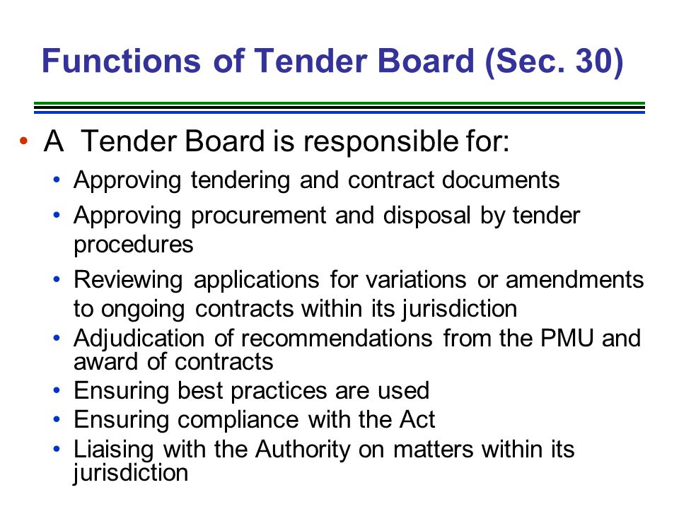 Functions of Tender Board (Sec. 30)