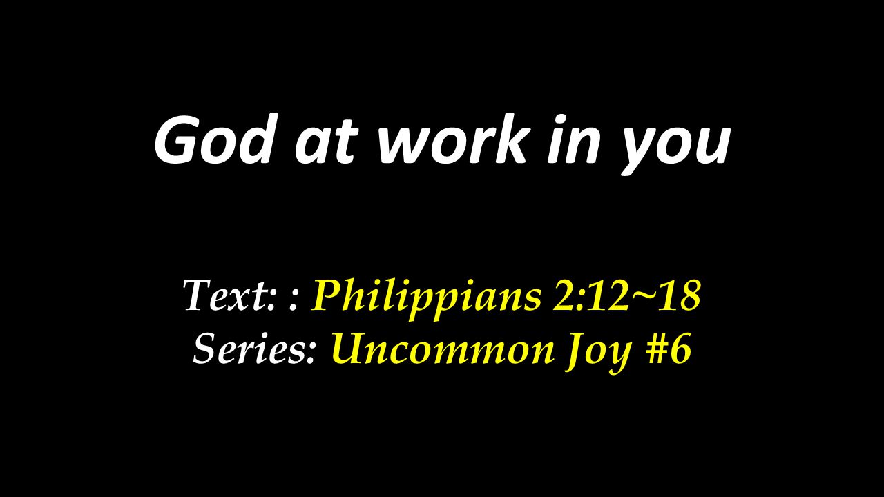 God at work in you Text: : Philippians 2:12~18 Series: Uncommon Joy #6
