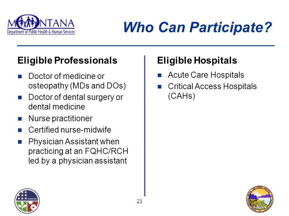 Who Can Participate Eligible Professionals Eligible Hospitals
