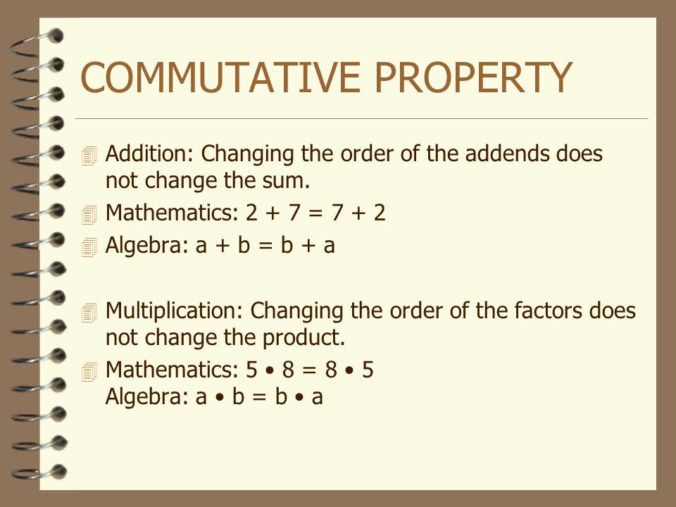 COMMUTATIVE PROPERTY Addition: Changing the order of the addends does not change the sum. Mathematics: =