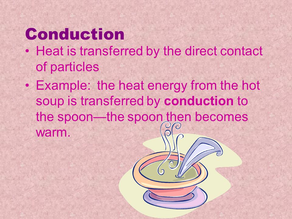 Conduction Heat is transferred by the direct contact of particles