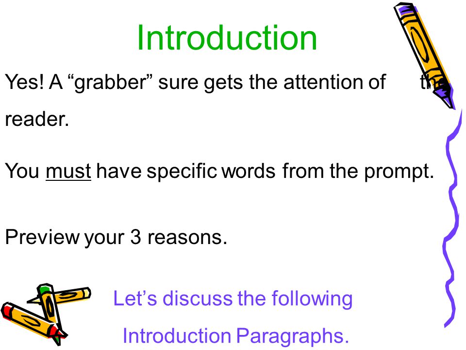 Introduction Yes! A grabber sure gets the attention of the reader.