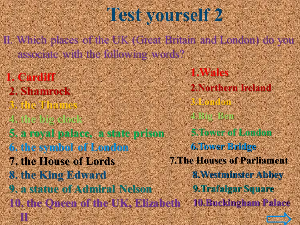 Test yourself 2 II. Which places of the UK (Great Britain and London) do you. associate with the following words