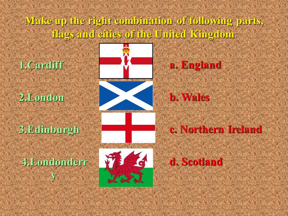 Make up the right combination of following parts, flags and cities of the United Kingdom: