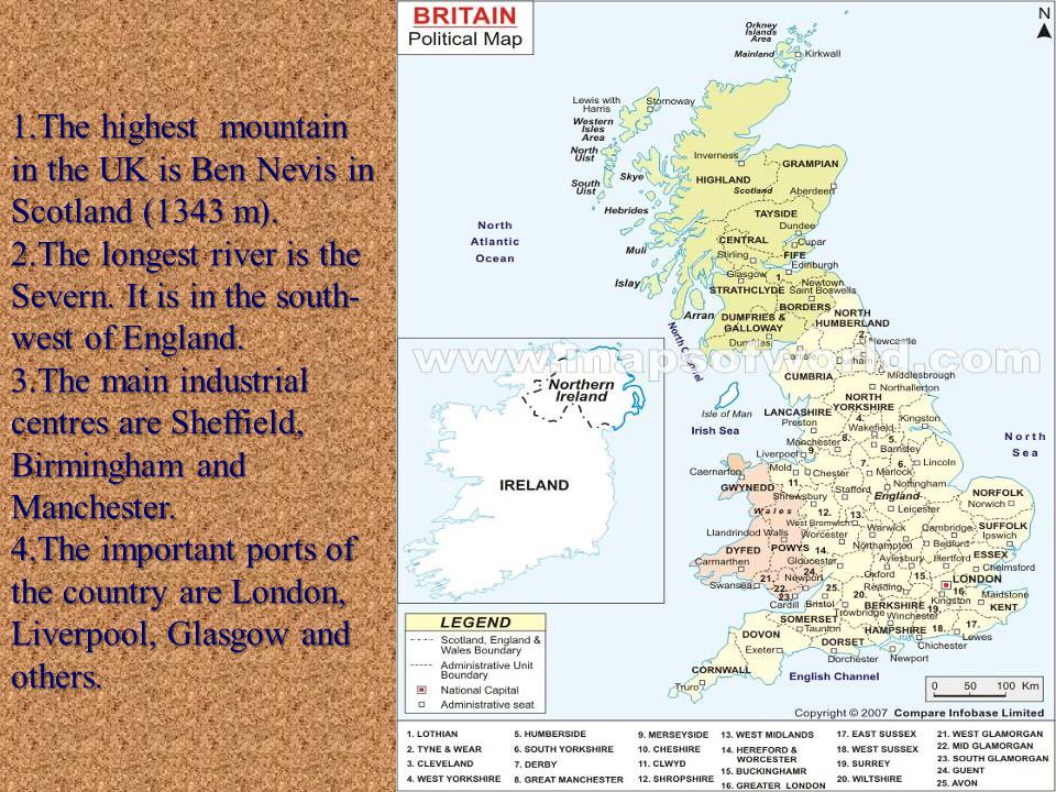 The highest mountain in the UK is Ben Nevis in Scotland (1343 m).
