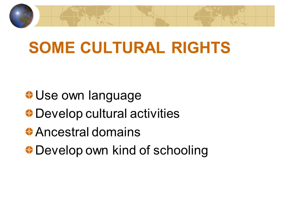SOME CULTURAL RIGHTS Use own language Develop cultural activities