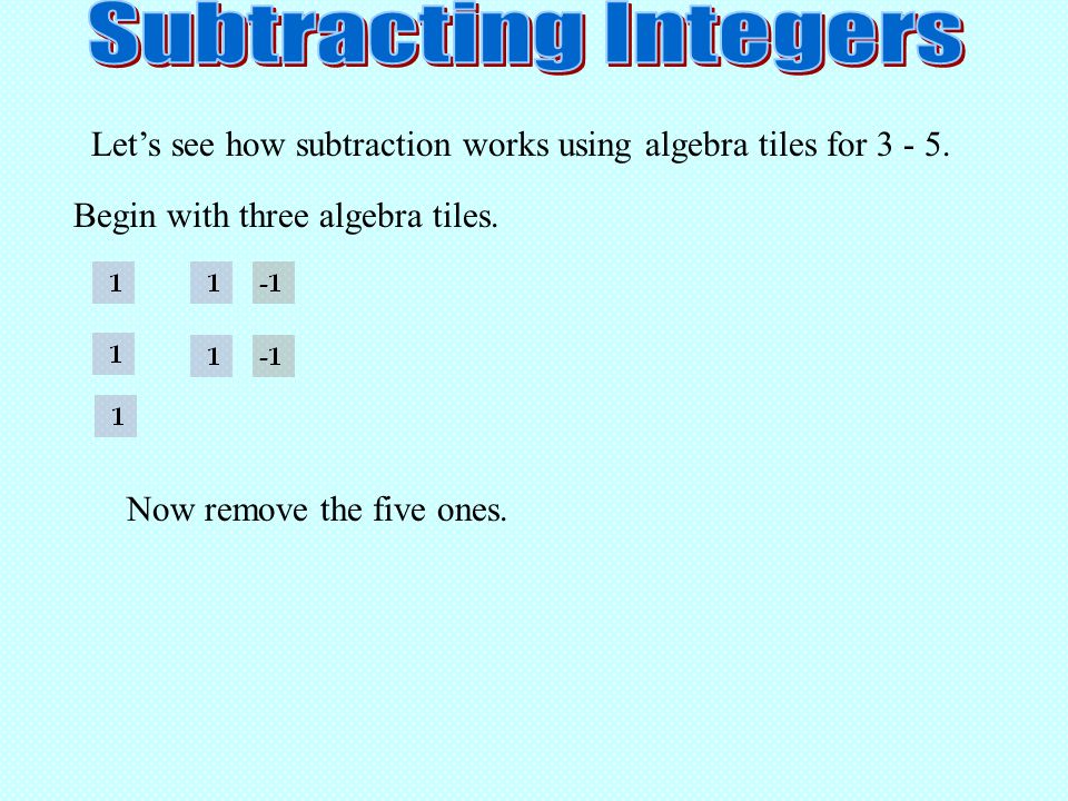 Subtracting Integers Let’s see how subtraction works using algebra tiles for Begin with three algebra tiles.