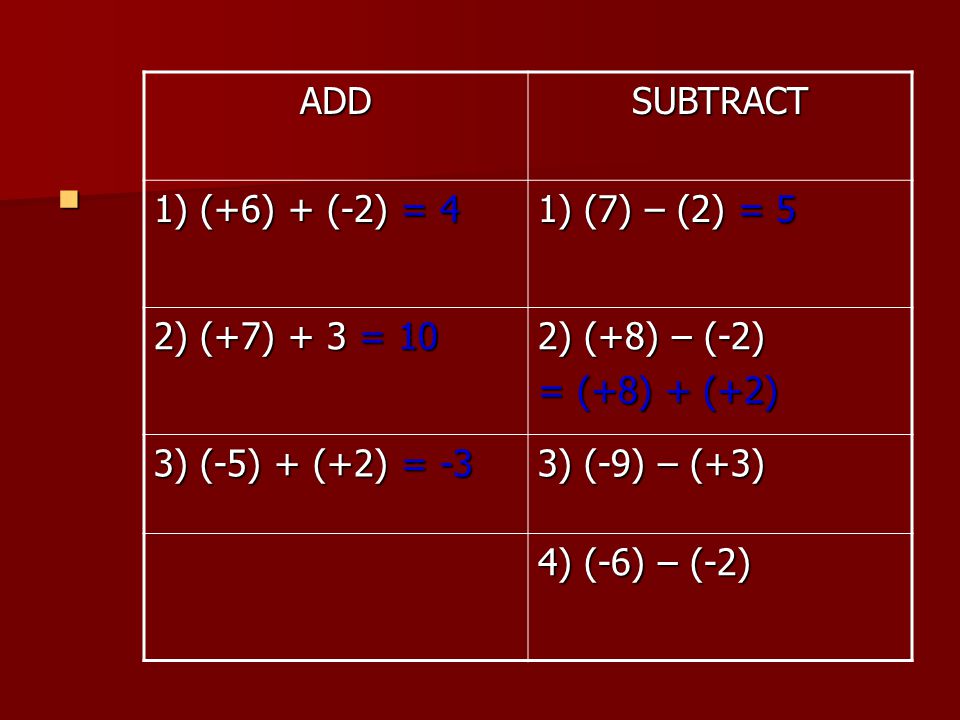 ADD SUBTRACT. 1) (+6) + (-2) = 4. 1) (7) – (2) = 5. 2) (+7) + 3 = 10. 2) (+8) – (-2) = (+8) + (+2)