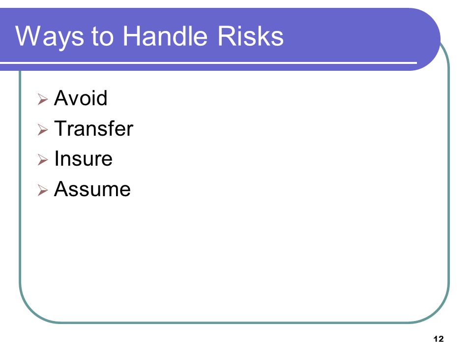 Ways to Handle Risks Avoid Transfer Insure Assume