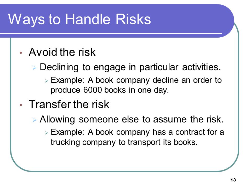 Ways to Handle Risks Avoid the risk Transfer the risk