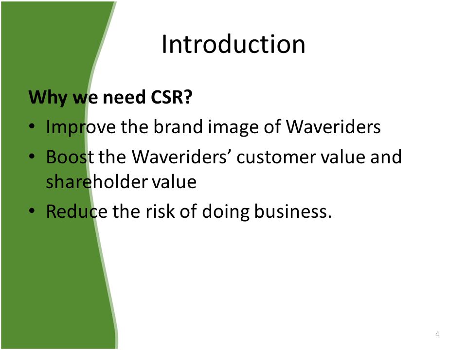 Introduction Why we need CSR Improve the brand image of Waveriders
