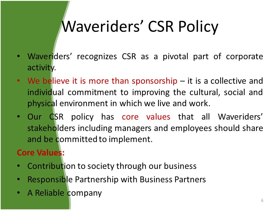 Waveriders’ CSR Policy