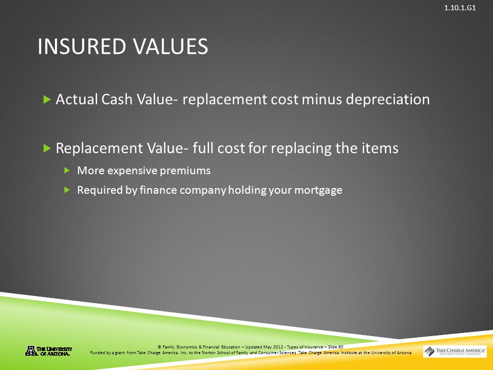 Insured values Actual Cash Value- replacement cost minus depreciation