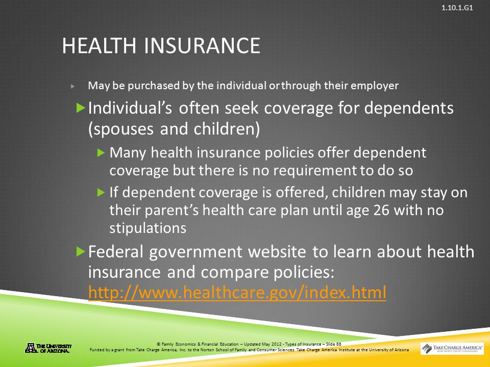 Health Insurance May be purchased by the individual or through their employer.