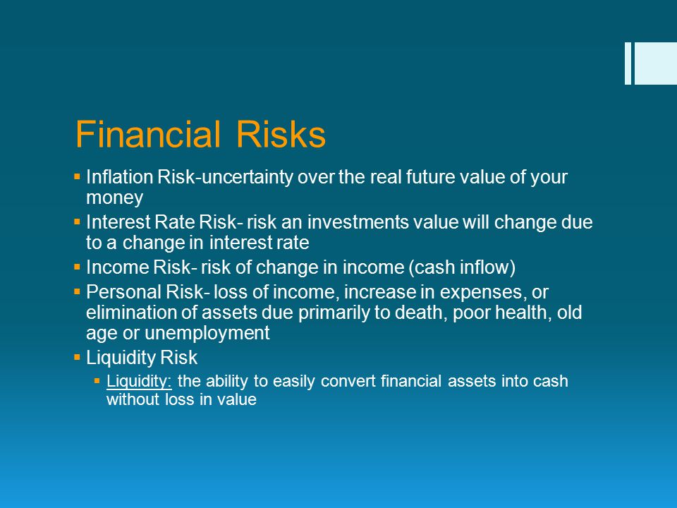 Financial Risks Inflation Risk-uncertainty over the real future value of your money.