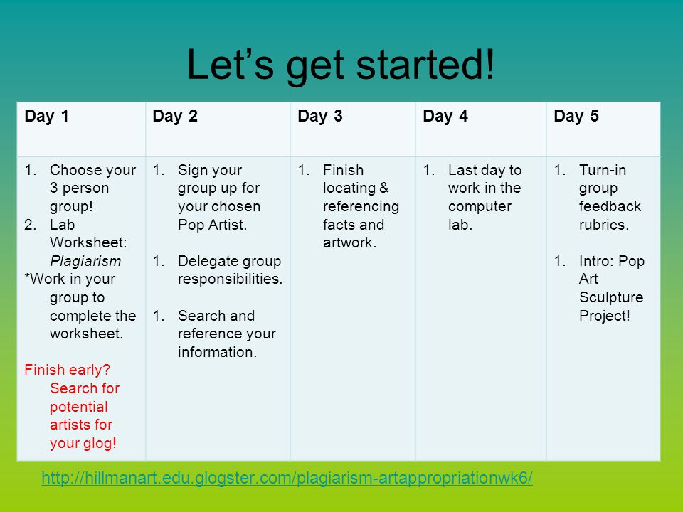Let’s get started! Day 1 Day 2 Day 3 Day 4 Day 5