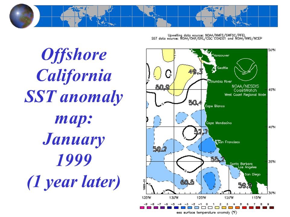 Offshore California SST anomaly map: January 1999 (1 year later)