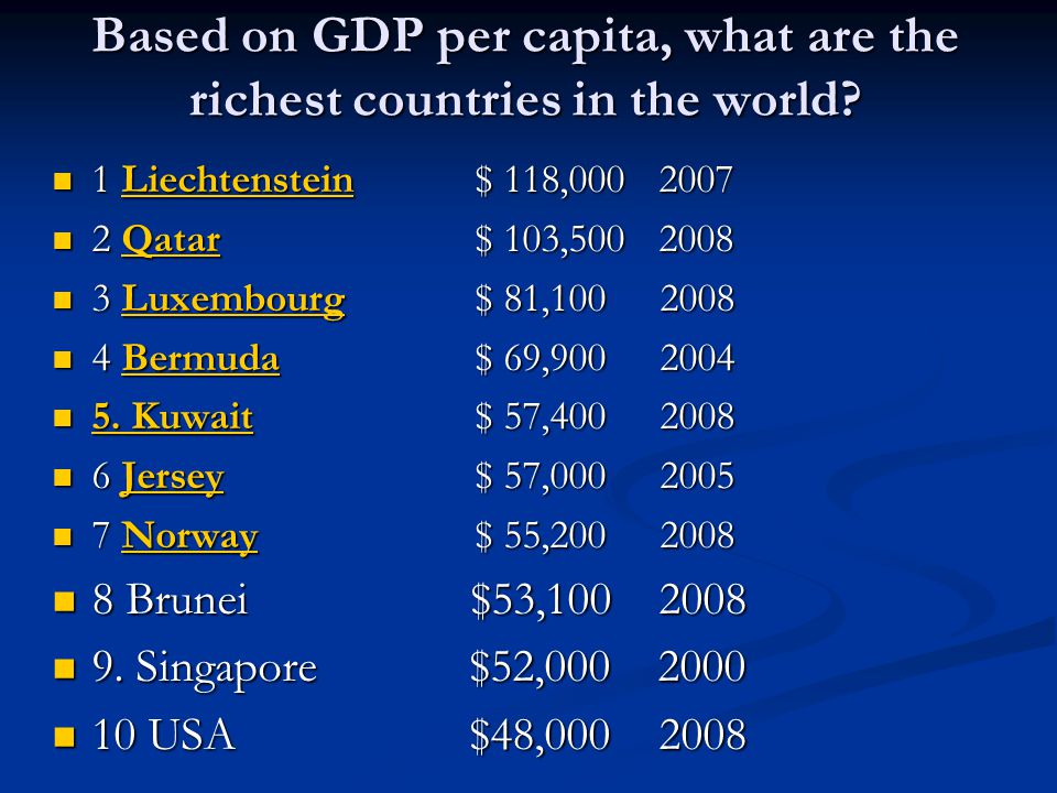 Based on GDP per capita, what are the richest countries in the world