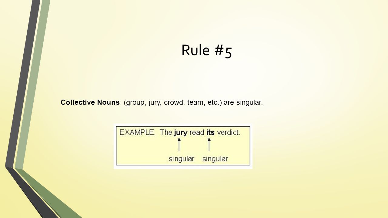 Rule #5 Collective Nouns (group, jury, crowd, team, etc.) are singular.