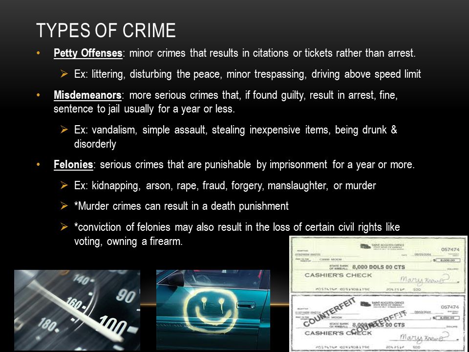 Types of crime Petty Offenses: minor crimes that results in citations or tickets rather than arrest.