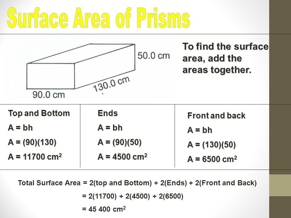 Surface Area of Prisms To find the surface area, add the areas together. Top and Bottom. A = bh. A = (90)(130)