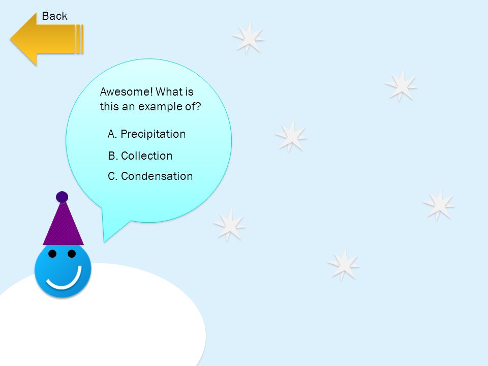 Back Awesome! What is this an example of A. Precipitation B. Collection C. Condensation