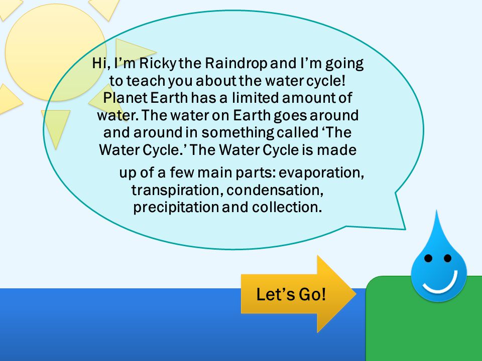 Hi, I’m Ricky the Raindrop and I’m going to teach you about the water cycle! Planet Earth has a limited amount of water. The water on Earth goes around and around in something called ‘The Water Cycle.’ The Water Cycle is made up of a few main parts: evaporation, transpiration, condensation, precipitation and collection.