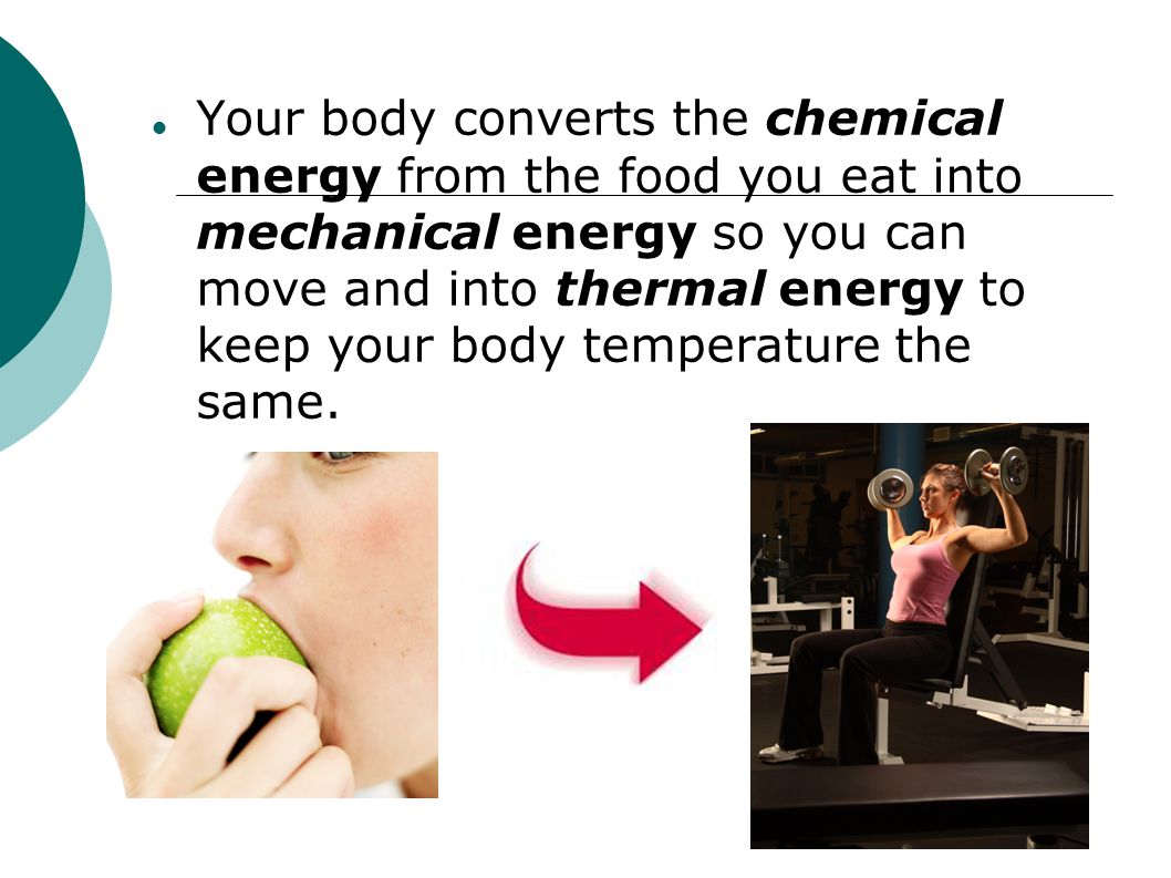 Your body converts the chemical energy from the food you eat into mechanical energy so you can move and into thermal energy to keep your body temperature the same.