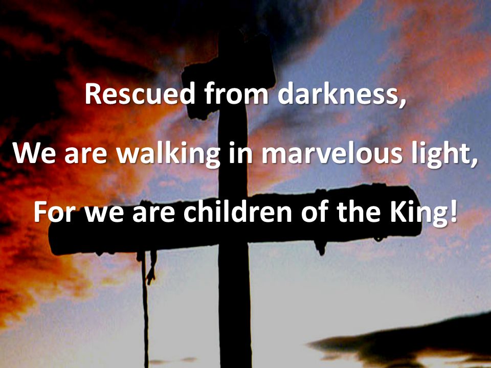 Rescued from darkness, We are walking in marvelous light, For we are children of the King!