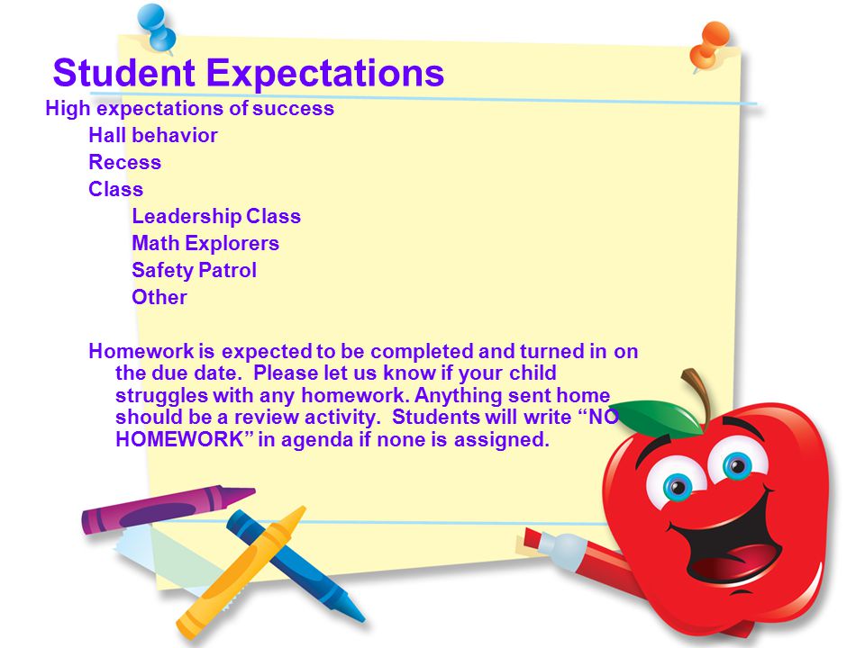 Student Expectations High expectations of success Hall behavior Recess