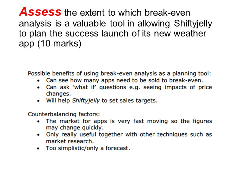 Assess the extent to which break-even analysis is a valuable tool in allowing Shiftyjelly to plan the success launch of its new weather app (10 marks)