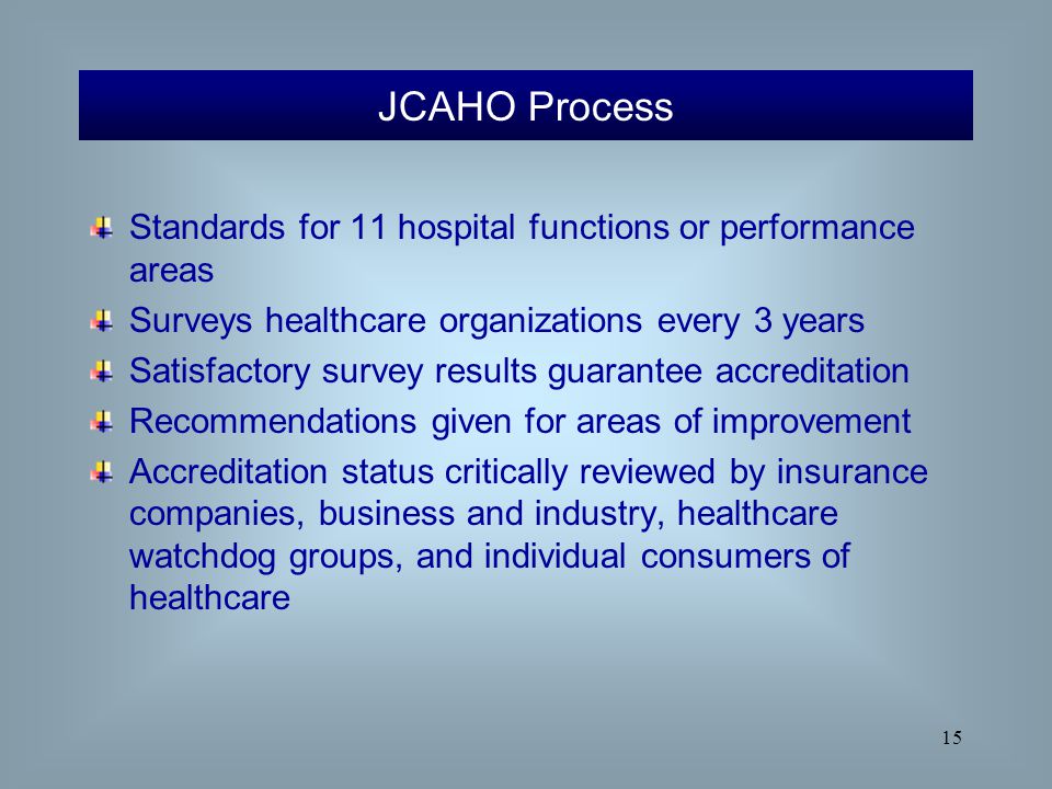 JCAHO Process Standards for 11 hospital functions or performance areas