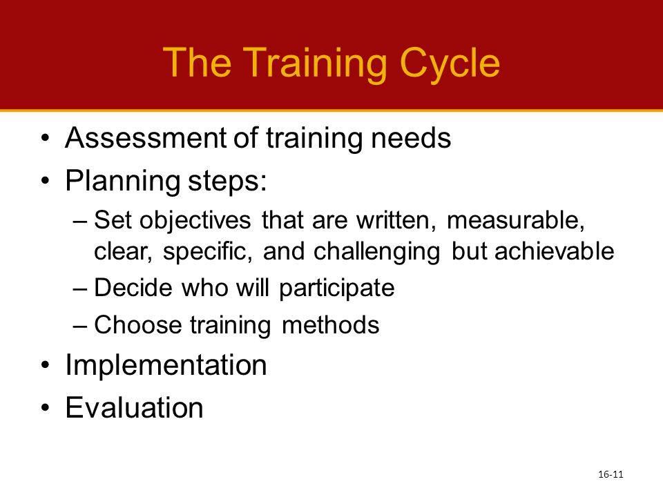 The Training Cycle Assessment of training needs Planning steps: