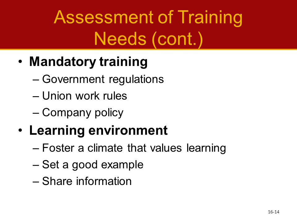 Assessment of Training Needs (cont.)