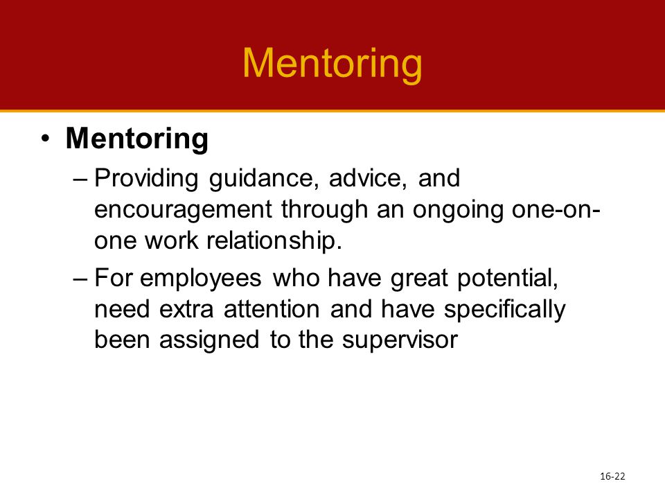 Mentoring Mentoring. Providing guidance, advice, and encouragement through an ongoing one-on-one work relationship.