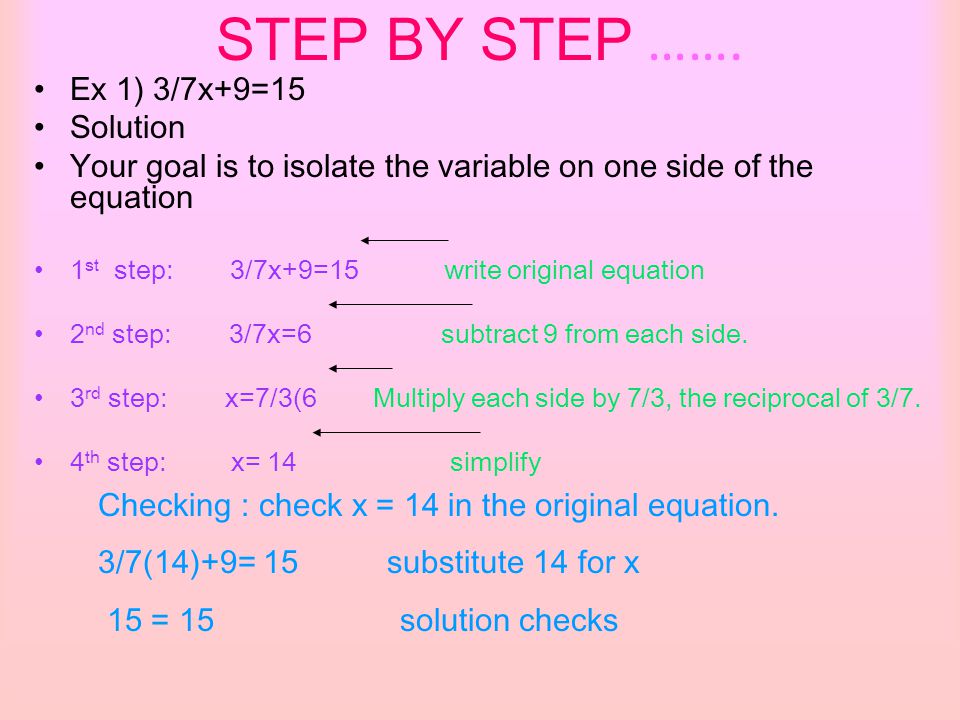 STEP BY STEP ……. Ex 1) 3/7x+9=15 Solution