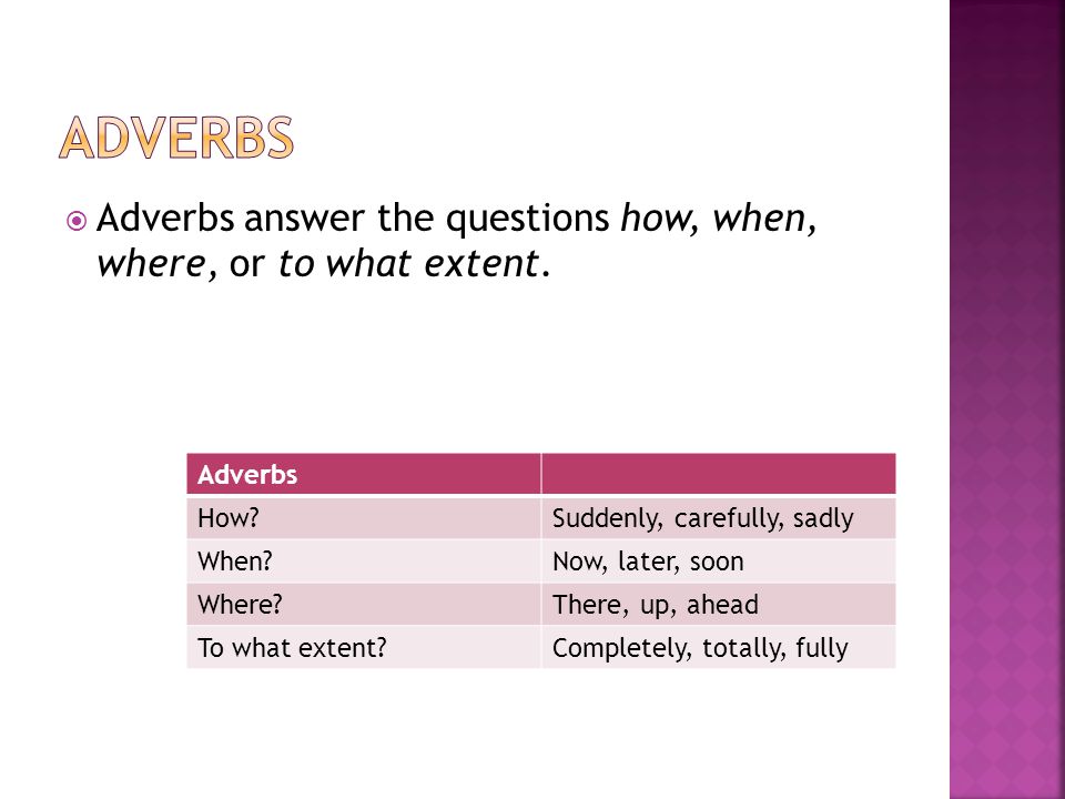 Adverbs Adverbs answer the questions how, when, where, or to what extent. Adverbs. How Suddenly, carefully, sadly.