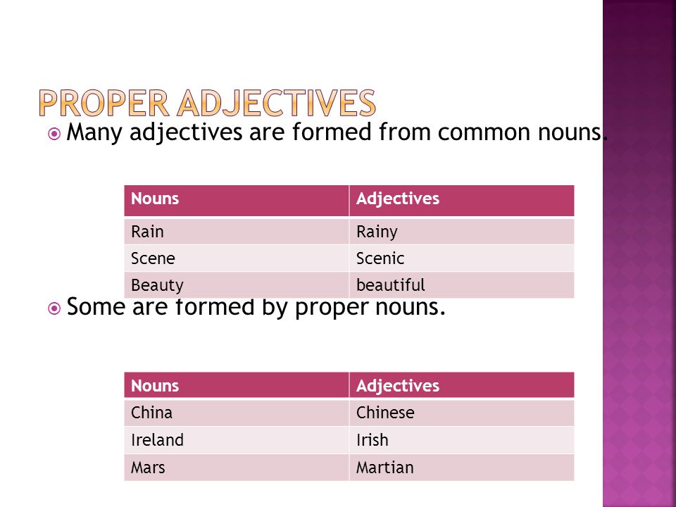 Proper Adjectives Many adjectives are formed from common nouns.