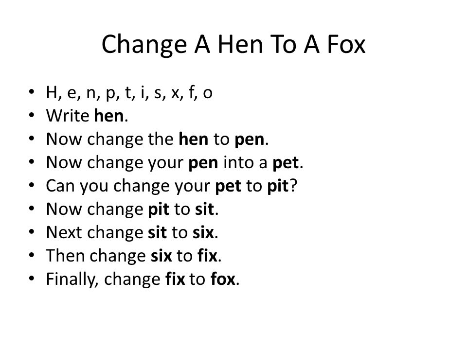Change A Hen To A Fox H, e, n, p, t, i, s, x, f, o Write hen.