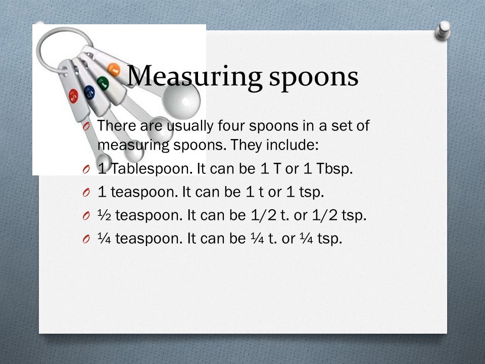 Measuring spoons There are usually four spoons in a set of measuring spoons. They include: 1 Tablespoon. It can be 1 T or 1 Tbsp.