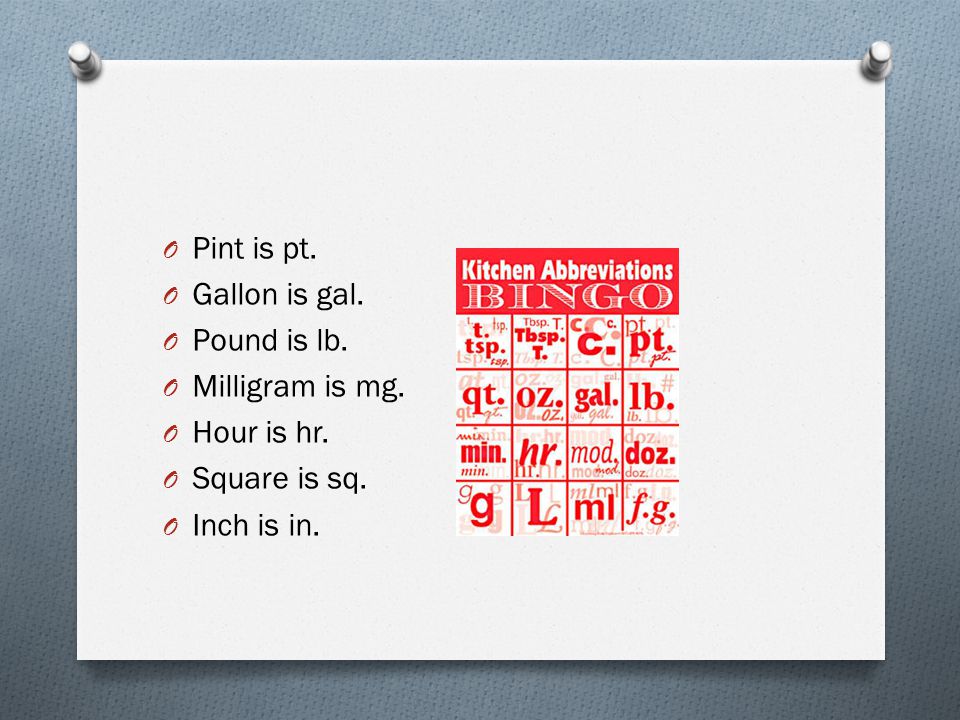 Pint is pt. Gallon is gal. Pound is lb. Milligram is mg. Hour is hr. Square is sq. Inch is in.