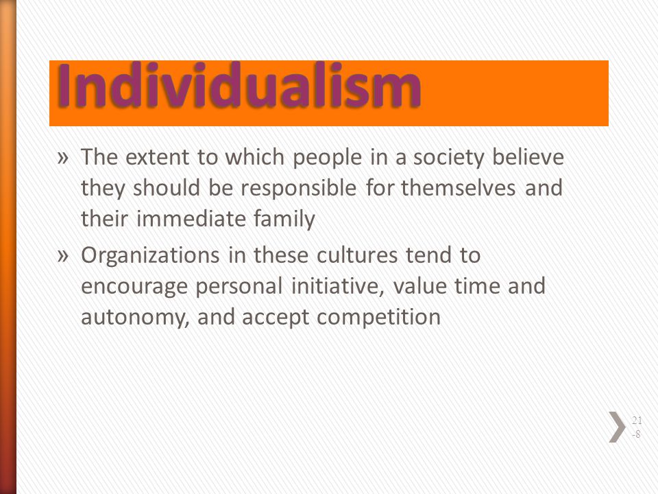 Individualism The extent to which people in a society believe they should be responsible for themselves and their immediate family.