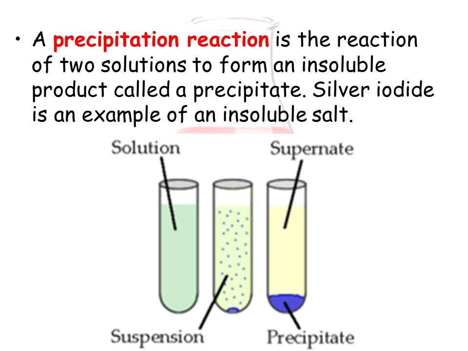 A precipitation reaction is the reaction of two solutions to form an insoluble product called a precipitate.