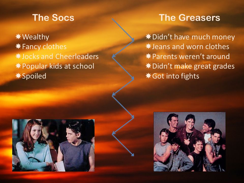 The Socs The Greasers Wealthy Fancy clothes Jocks and Cheerleaders