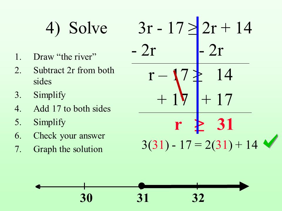 4) Solve 3r - 17 ≥ 2r r - 2r r – 17 ≥ r ≥ 31 ●