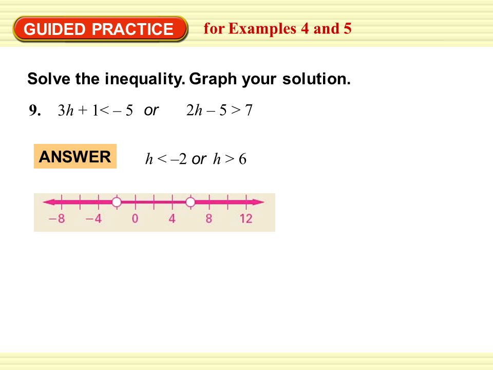 GUIDED PRACTICE for Examples 4 and 5. Solve the inequality. Graph your solution. 9. 3h + 1< – 5.
